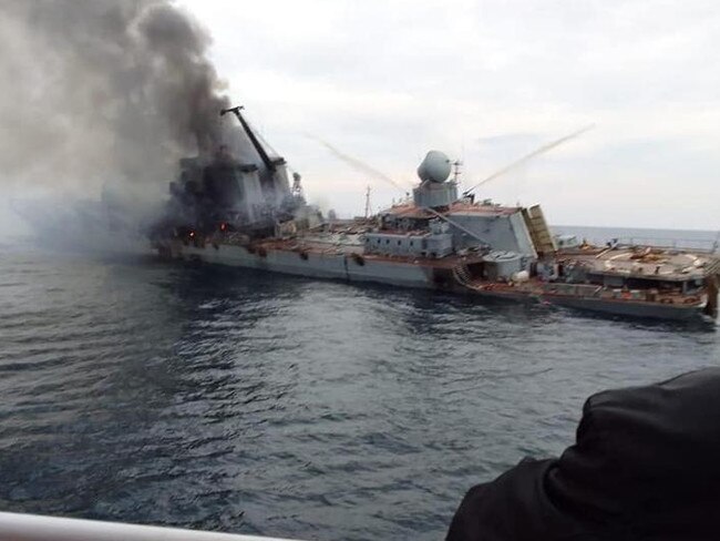 An image purporting to be the Moskva after being hit. Picture: OAlexanderDK / Twitter