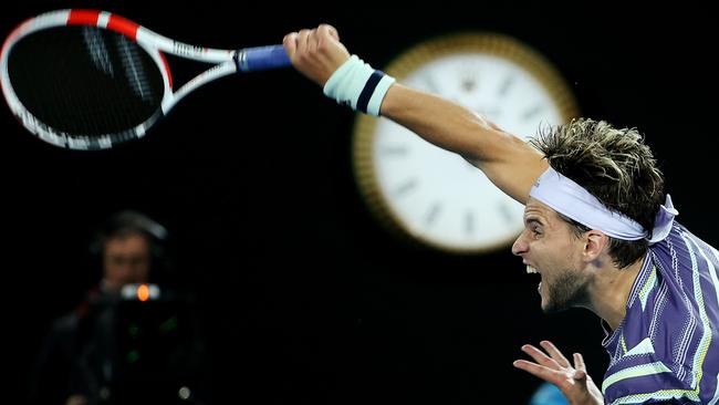 Austrian star Dominic Thiem during his thrilling quarter-final win over Rafael Nadal, inset, at the Australian Open on Wednesday night. Picture: Michael Klein