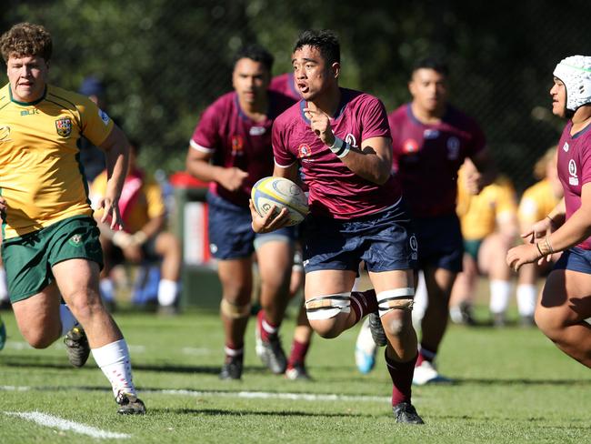 Queensland Schoolboys captain Keenan Timu on the charge. Picture: Paul Seiser, SPA Images