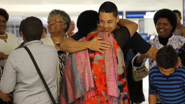 Hayne’s extended family turned out to sing him off from the country. Picture: Luke Fuda