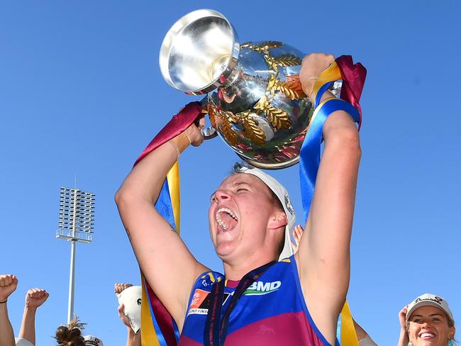 *APAC Sports Pictures of the Week - 2023, December 4* - MELBOURNE, AUSTRALIA - DECEMBER 03: Dakota Davidson of the Lions celebrates with the premiership Cup during the AFLW Grand Final match between North Melbourne Tasmania Kangaroos and Brisbane Lions at Ikon Park, on December 03, 2023, in Melbourne, Australia. (Photo by Quinn Rooney/Getty Images)