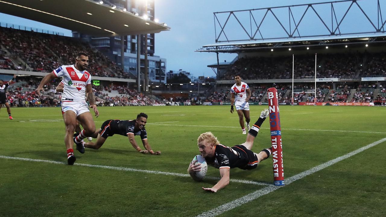 Zac Cini of the Tigers scores on debut. (Photo by Matt King/Getty Images)