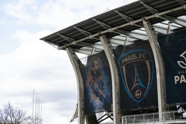 The Paris FC logo, featuring the Eiffel Tower, on display outside their Stade Charlety home in the French capital