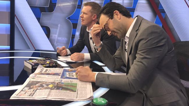 Jack Riewoldt and Lewis prepare for AFL360. Picture: Fox Footy