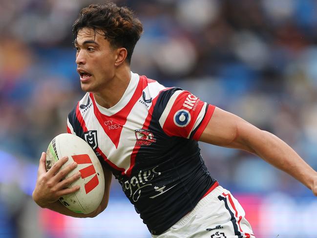 SYDNEY, AUSTRALIA - MAY 12: Joseph-AukusoÃÂ Suaalii of the Roosters in action during the round 10 NRL match between Sydney Roosters and New Zealand Warriors at Allianz Stadium, on May 12, 2024, in Sydney, Australia. (Photo by Mark Metcalfe/Getty Images)