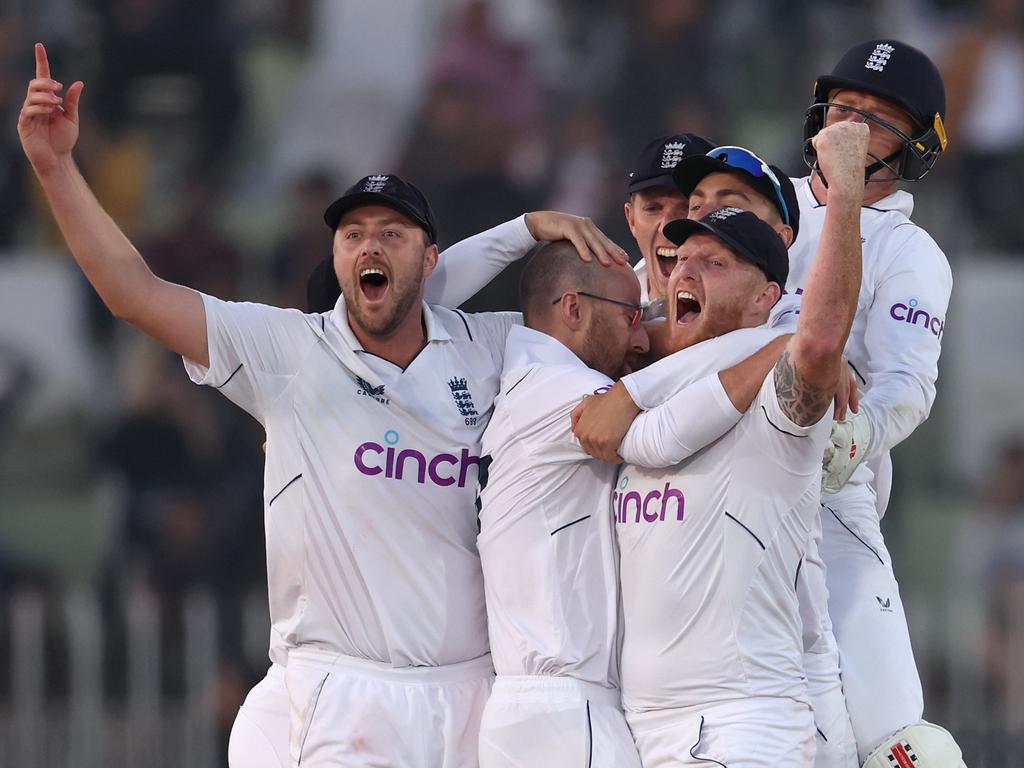 England players celebrate winning the Test against Pakistan in Rawalpindi. Picture: Getty