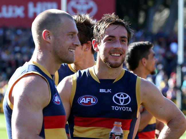 Adelaide Crows v West Coast Eagles, at Adelaide Oval. Scott Thompson and Richard Douglas have a chat after the win. Photo Sarah Reed.