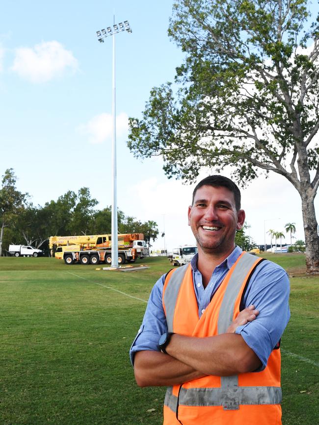 Project officer Tony Yiannakos is excited to see the first light towers installed at Bagot Oval. Picture Katrina Bridgeford.