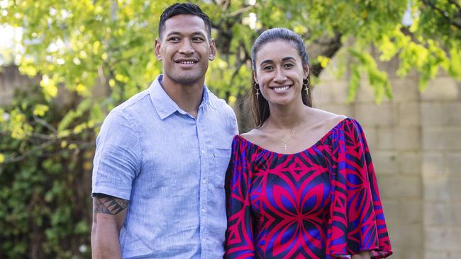 Israel Folau and wife Maria outside Kenthurst Uniting Church in Sydney yesterday. Picture: Hollie Adams