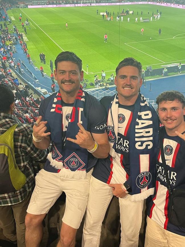 Liam Hampson (R) attends a PSG football match in Paris alongside AJ Brimson (M). Pic: Instagram