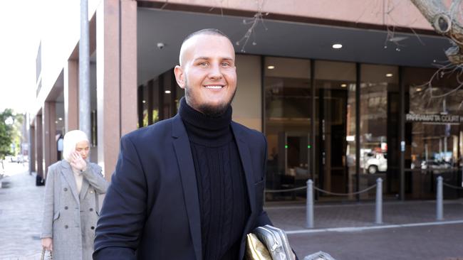 Trent Jeske leaves Parramatta Local Court with his partner Jade Heffer after being sentenced for driving in Jerilderie in rural NSW on April 23, 2024 after a licence application was refused. Jane Dempster/Daily Telegraph.