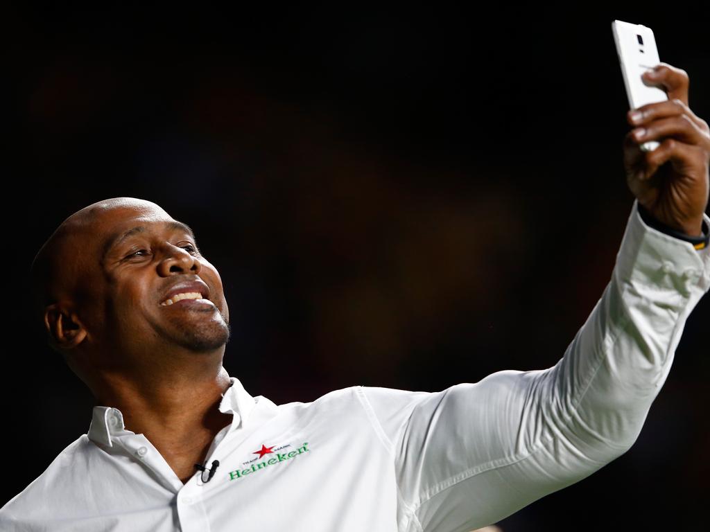 Jonah Lomu takes a selfie during the 2015 Rugby World Cup final between New Zealand and Australia at Twickenham.