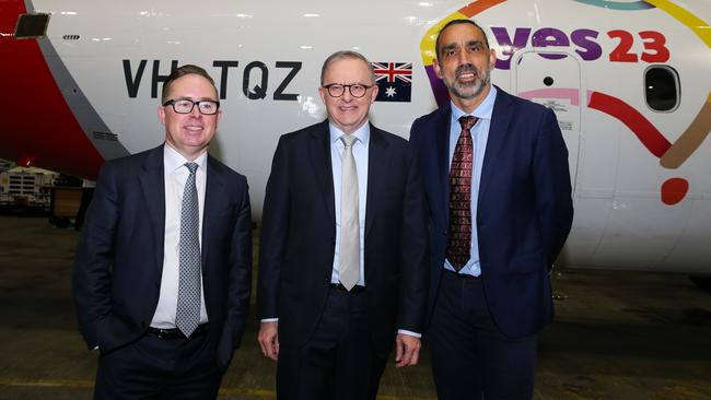 Qantas CEO Alan Joyce, Anthony Albanese and former AFL player Adam Goodes at the the launch of the Qantas 'Yes' Campaign in Sydney. Picture: NCA Newswire / Gaye Gerard