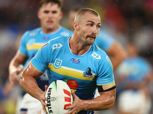 Kieran Foran of the Titans runs the ball during the round seven NRL match between Gold Coast Titans and Manly Sea Eagles at Cbus Super Stadium. Picture: Chris Hyde/Getty Images.