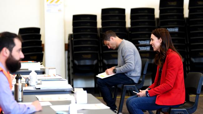 Jacinda Ardern and fiance Clarke Gayford vote at the Mt Eden War Memorial Hall on October 03. Picture: Getty Images