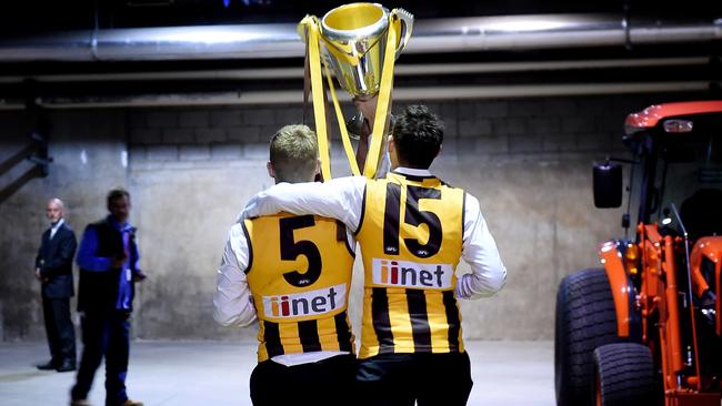 Sam Mitchell and Luke Hodge with the premiership cup. Picture: Nicole Garmston