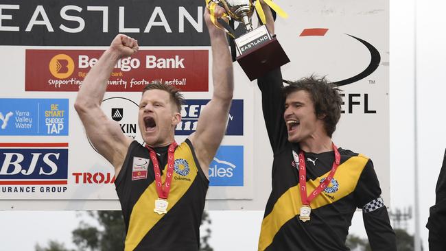 Mitcham coach Neil Winterton (left) led the Tigers to a second flag in four years in 2019. Picture: Andy Brownbill