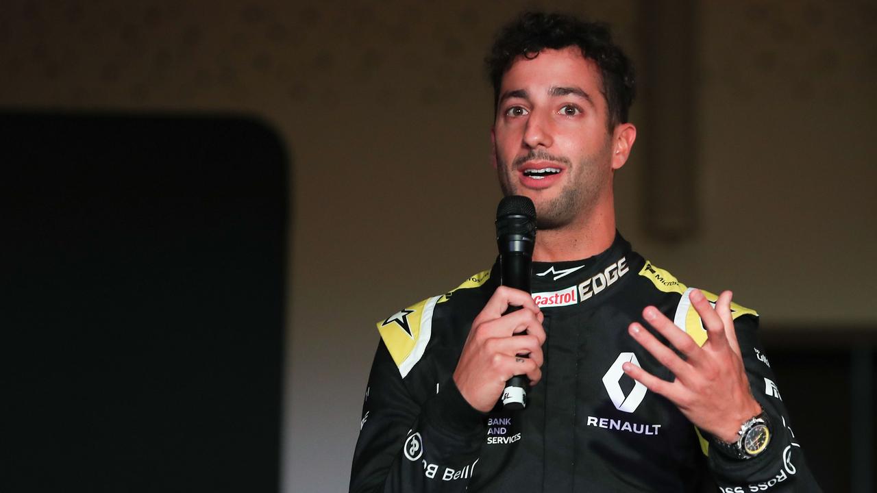 Renault's new Australian driver Daniel Ricciardo speaks during the 2019 Renault Formula One team season launch at Whiteways Technical Centre in Enstone, northwest of Oxford, on February 12, 2019. (Photo by Daniel LEAL-OLIVAS / AFP)