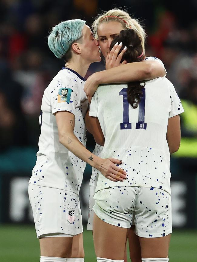 Rapinoe consoles her teammates after the defeat. Picture: Michael Klein.