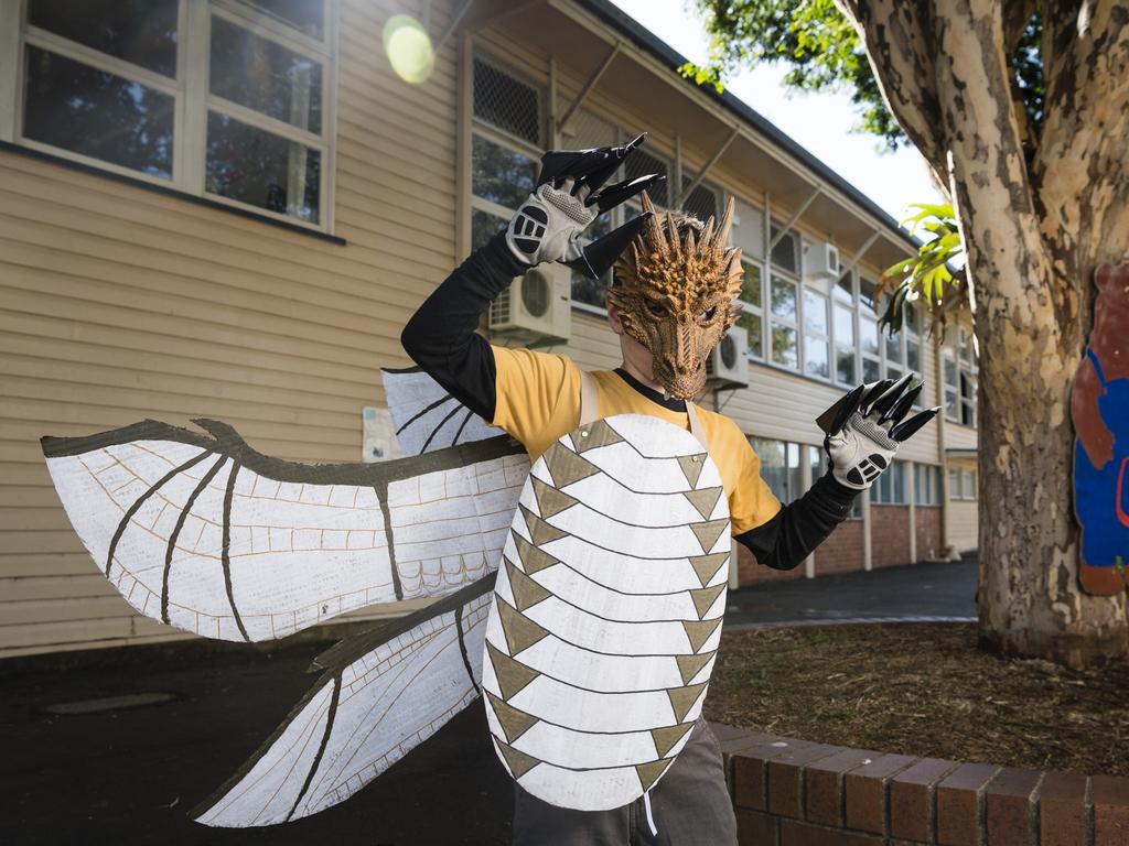 Liam Fels shows off his Wings of Fire character for Book Week at Rangeville State School, Friday, August 25, 2023. Picture: Kevin Farmer