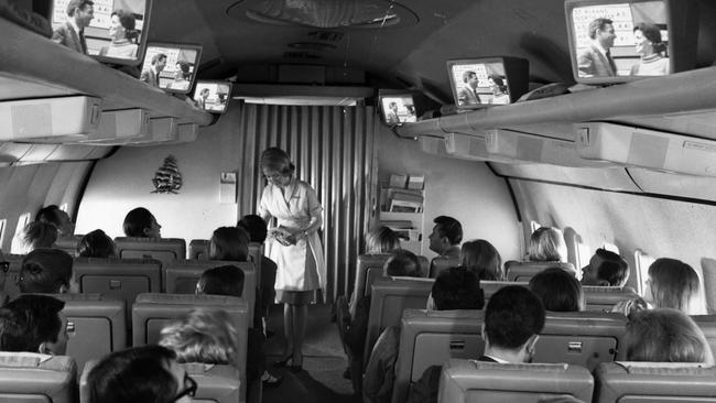 Test flight of a new Pan Am plane fitted with television sets, circa 1965. Picture: Getty Images