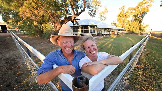 Back on their feet … former flood-ravaged graziers Patrick and Edwina Hick on their revived property outside Julia Creek in northwest Queensland. Picture: Lyndon Mechielsen