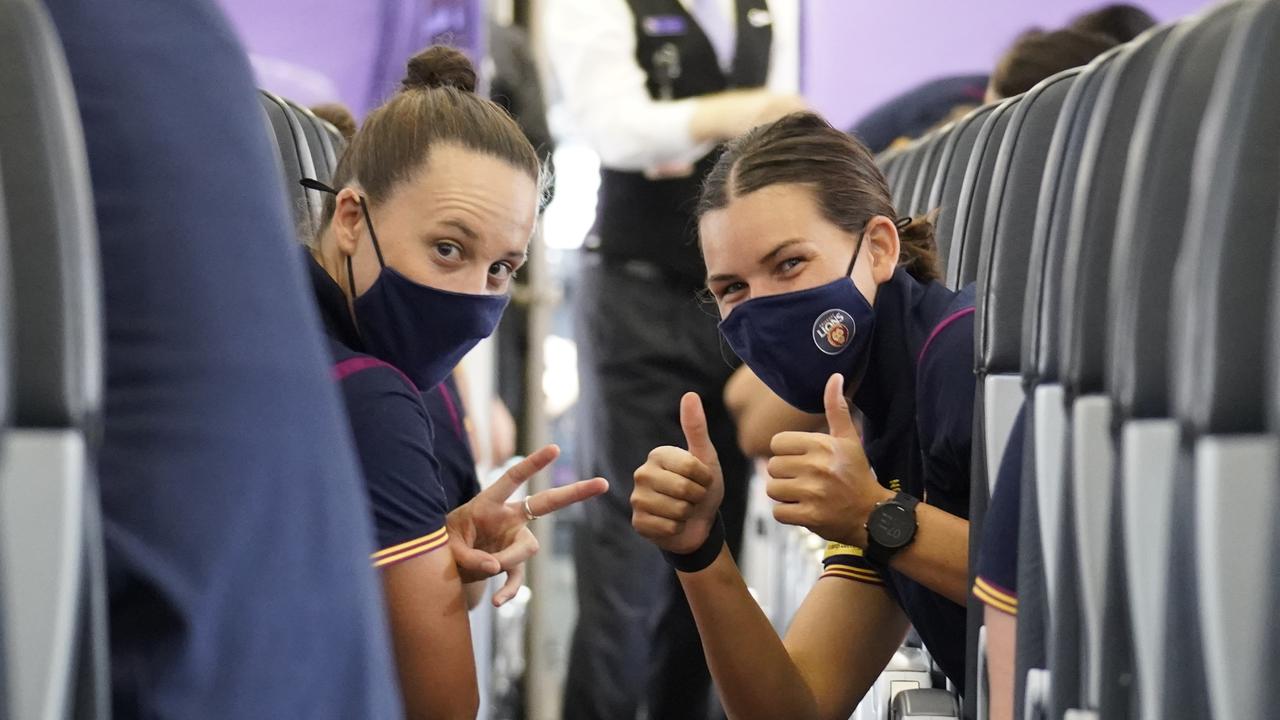 Brisbane Lions captain Emma Zielke and forward Sophie Conway on their plane ride to Melbourne. Picture: lions.com.au