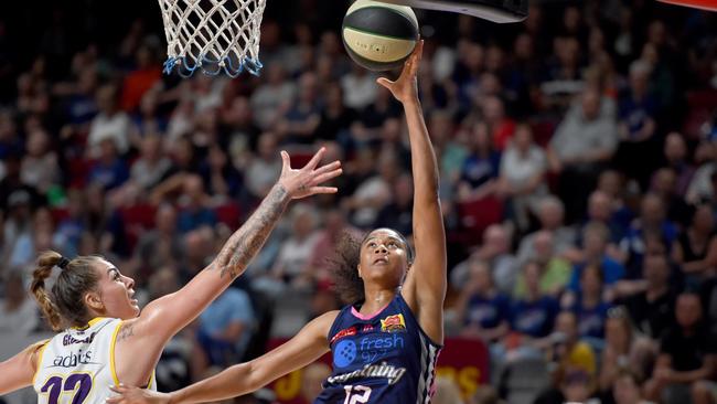 Adelaide Lightning’s Nia Coffey was a thorn in the Boomers’ side. Picture: Naomi Jellicoe