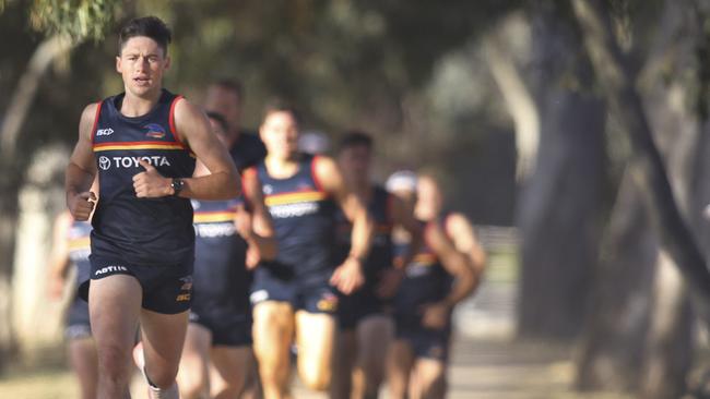 Chayce Jones leads the Crows in the 2km trial in November. Picture: Dean Martin/AAP