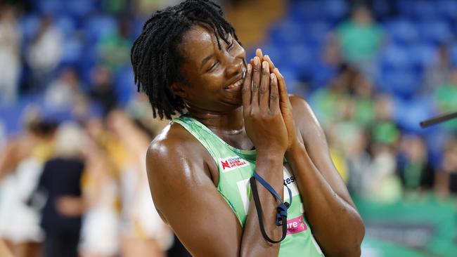 Jhaniele Fowler-Nembhard of the Fever reacts after the win during the round four Super Netball match between West Coast Fever and Sunshine Coast Lightning. Photo: Getty Images
