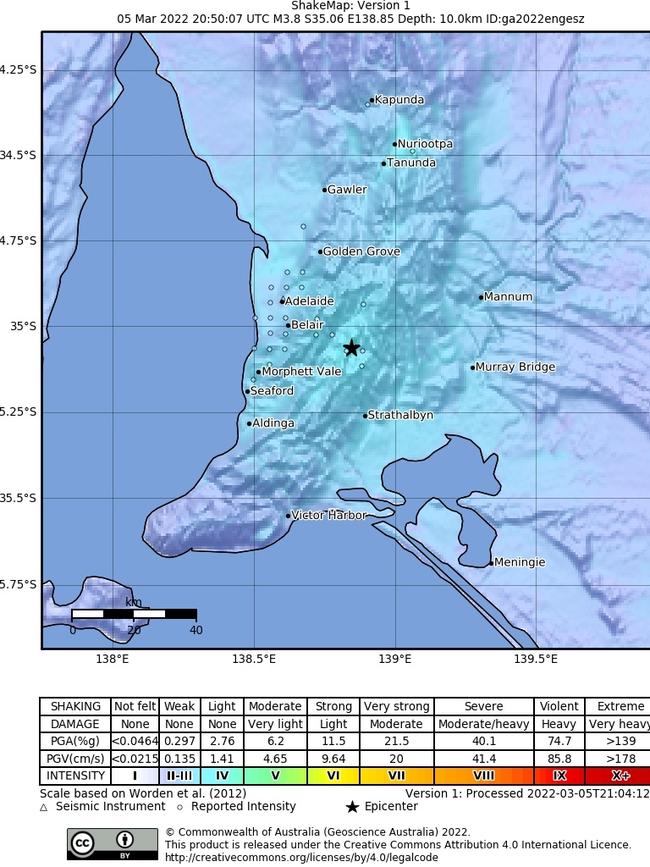 A map that shows the intensity of the quake across Adelaide. Picture: Geoscience Australia