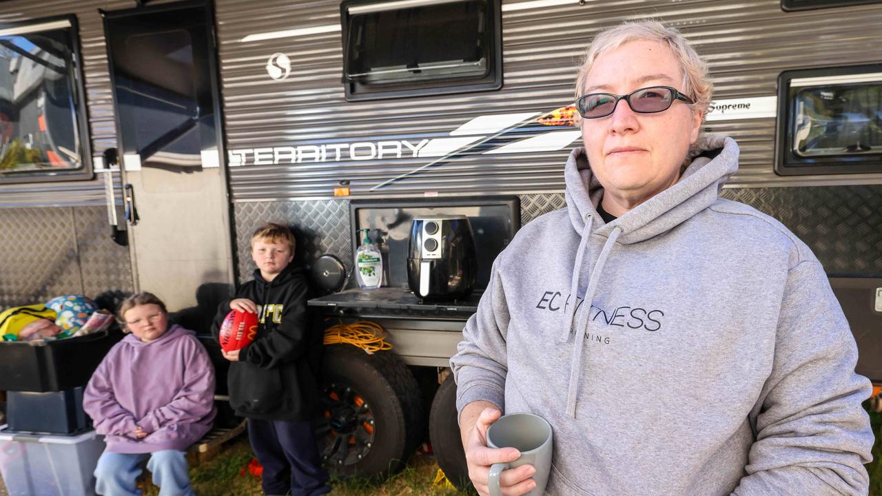 Single mum Jess Blunt with her two kids Lacey, 10, and Simon, 8, are living in a caravan in their friend’s backyard. Picture: Russell Millard