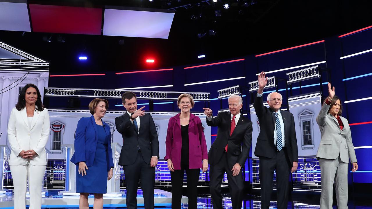 Tulsi Gabbard, far left, eviscerated Kamala Harris, far right, during the Democratic presidential primary debates ahead of the 2020 election. Picture: AFP