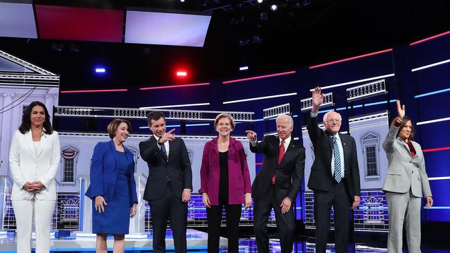 Tulsi Gabbard, far left, eviscerated Kamala Harris, far right, during the Democratic presidential primary debates ahead of the 2020 election. Picture: AFP