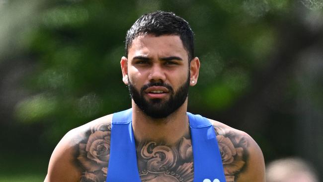 MELBOURNE, AUSTRALIA - NOVEMBER 17: Tarryn Thomas of the Kangaroos runs laps during a North Melbourne Kangaroos AFL training session at Arden Street Ground on November 17, 2023 in Melbourne, Australia. (Photo by Quinn Rooney/Getty Images)