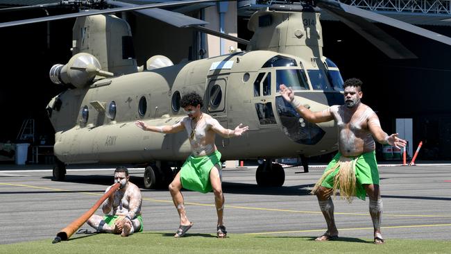 TownsvilleÃ&#149;s 5th Aviation Regiment will honour a long-standing tradition and conduct a naming ceremony for four Australian Army CH-47F Chinook helicopters. Ashley Saltner, Deja Wyles and William Mabo from the the Wulgurukaba Walkabouts. Picture: Eva Morgan