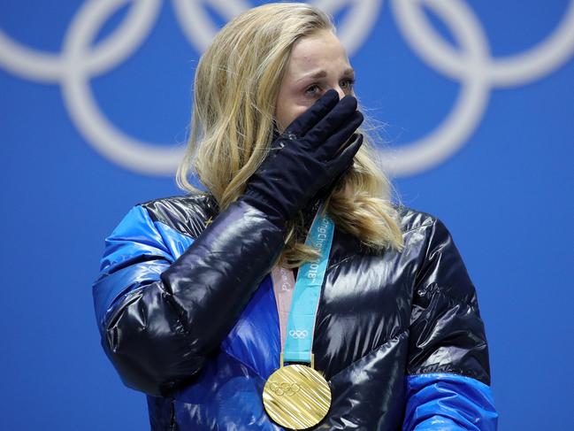 Gold medalist Stina Nilsson of Sweden reacts during the medal ceremony for the Cross-Country Ladies’ Sprint Classic on day five of the PyeongChang 2018 Winter Olympics at Medal Plaza on February 14, 2018 in Pyeongchang-gun, South Korea. Picture: Getty Images