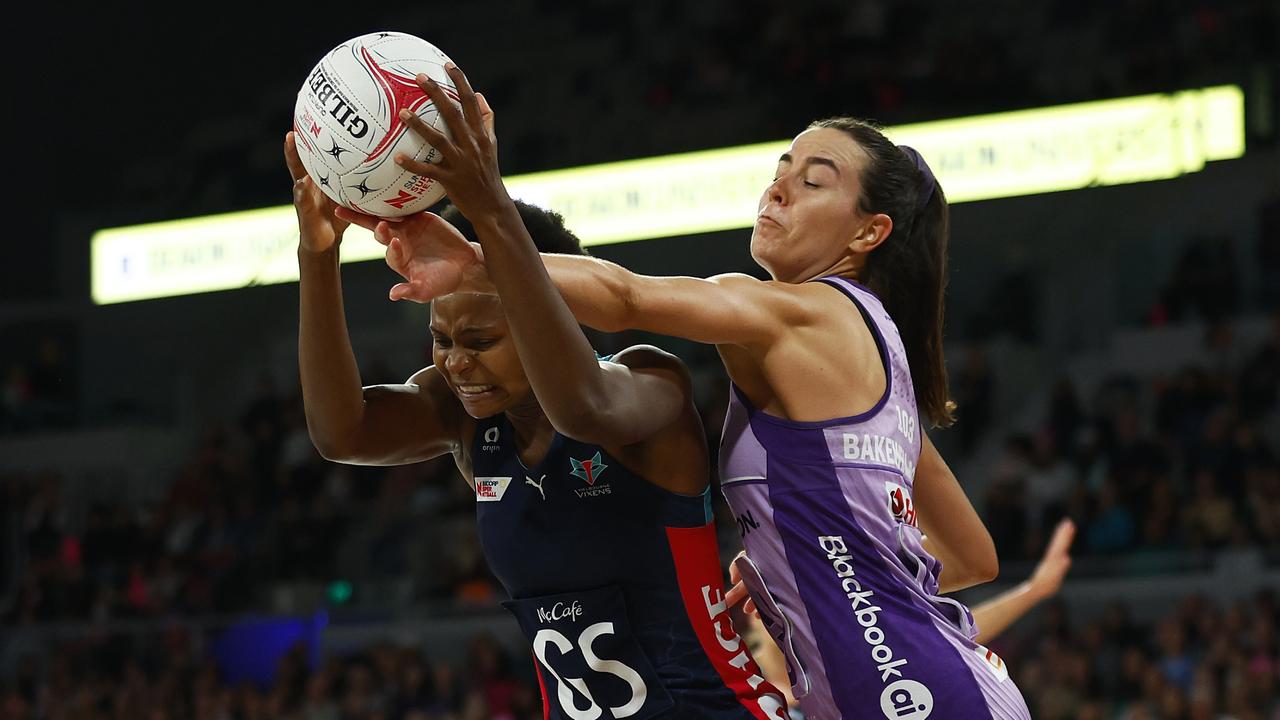 Ruby Bakewell-Doran of the Firebirds (R) has been the best rookie of the season so far. Picture: Daniel Pockett/Getty Images