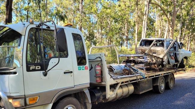 A car that crashed into a tree on Old Glen Innes Road on the weekend is taken by a TNT Towing truck away from the scene. Photo courtesy TNT Towing.