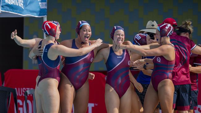 Queensland players celebrating the under 17 women’s national victory. Picture: Jerad Williams