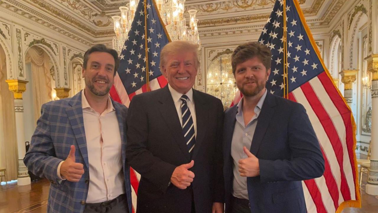 Former President Donald Trump with hosts Clay Travis and Buck Sexton. Picture: Twitter