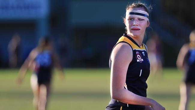 August 16, Gold Coast, Queensland - Maddison Levi from Bond University in action against Wilston Grange in the Queensland AFLW played at Bond University on the Gold Coast. Scott Powick Newscorp