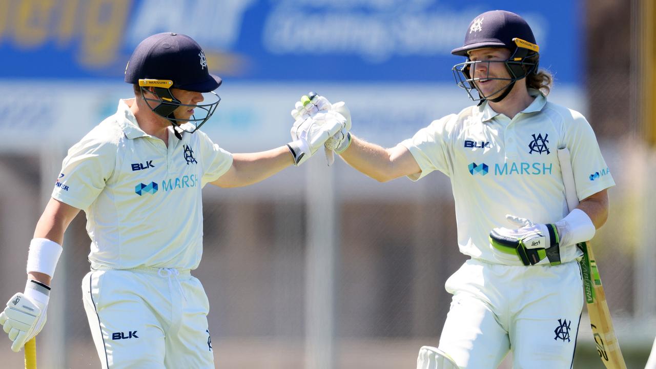 Marcus Harris teamed up with Will Pucovski for a Sheffield Sheild-record partnership against South Australia. Picture: Getty Images