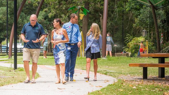 Lismore Mayor Steve Krieg (left) with Council's Manager of Investment and Growth Katherine O'Regan, Council General Manager Jon Gibbons and Councillor Electra Jensen at Heritage Park.