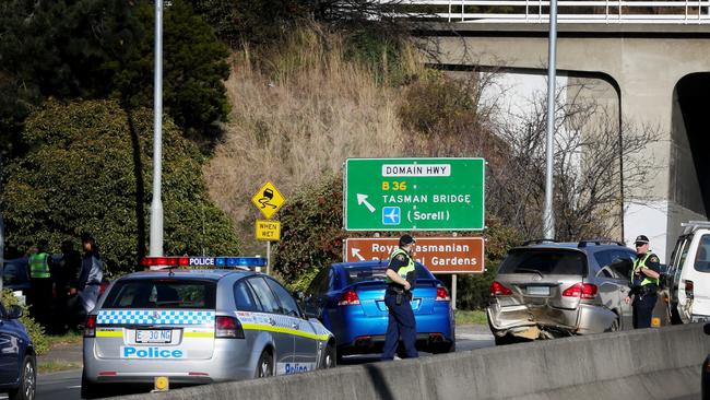 A four car collision on the Brooker highway caused traffic congestion as the vehicles damaged vehicles were removed from the scene. Picture: PATRICK GEE