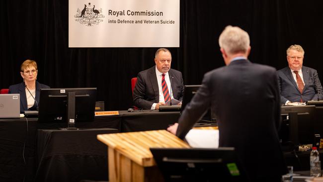 Commissioners Nick Kaldas, Dr Peggy Brown and James Douglas KC, with Senior Counsel Assisting Kevin Connor SC, as the Royal Commission into Defence and Veteran Suicide hearing opened in Hobart. Picture: Supplied