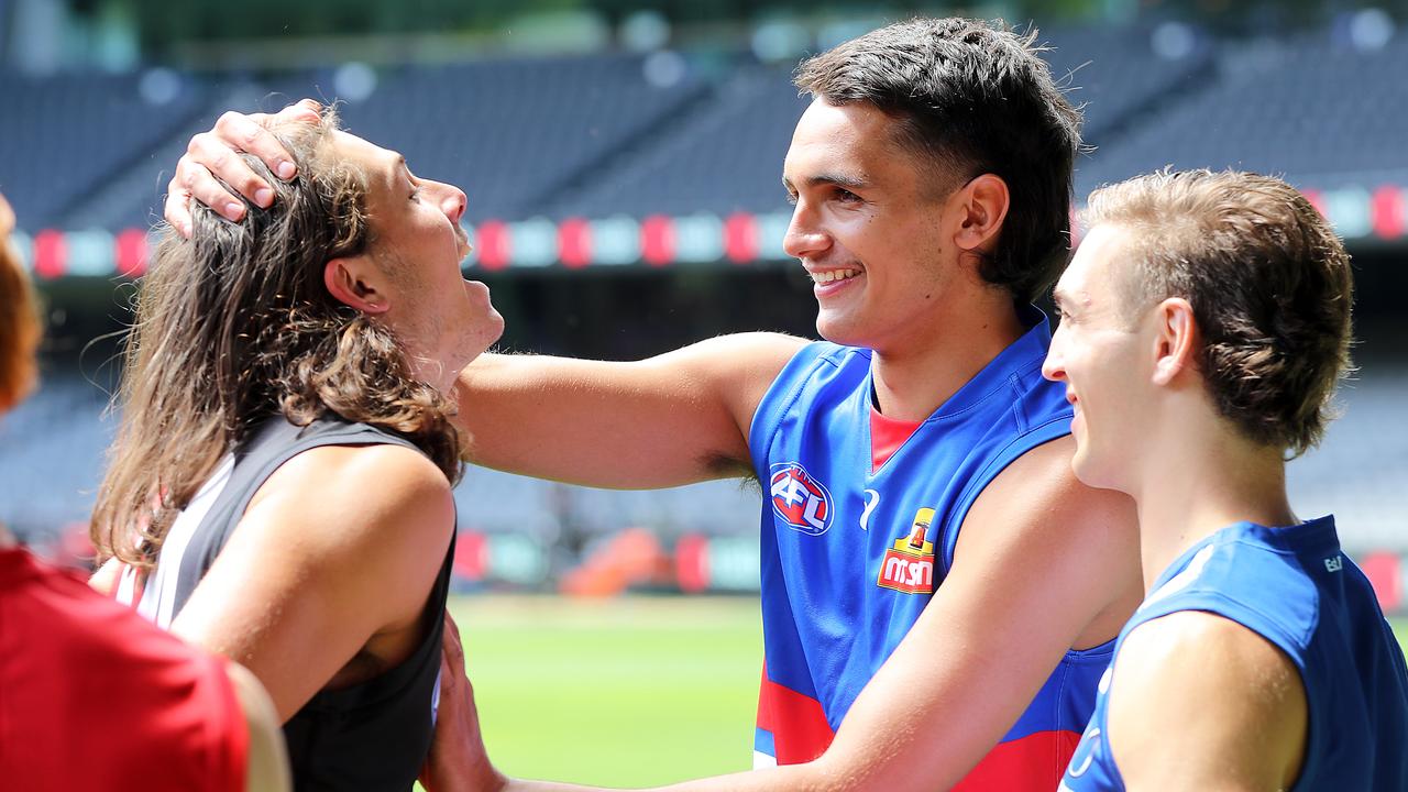 Jamarra Ugle-Hagan has some fun at the AFL draftee media day. Picture: Alex Coppel