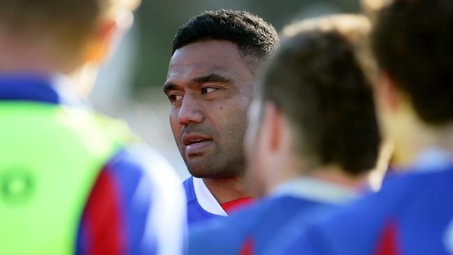 Wycliff Palu at half-time before taking to the field to play for Manly. Action from Shute Shield rugby first grade semi-final between Manly and Sydney Uni, at Manly Oval. Picture: Troy Snook