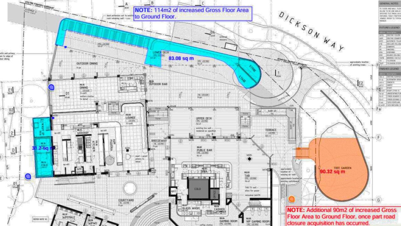 Plans for the extension submitted to Redland council include a note: Additional 90 sqm of increased gross floor area to ground floor, once part road closure acquisition has occurred. The blue parts include the veranda and the cold room and the orange is the beer garden.