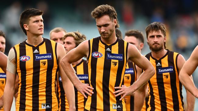 MELBOURNE, AUSTRALIA - MAY 09: Mitch Lewis and Jack Scrimshaw of the Hawks look dejected after losing the round eight AFL match between the Hawthorn Hawks and the West Coast Eagles at Melbourne Cricket Ground on May 09, 2021 in Melbourne, Australia. (Photo by Quinn Rooney/Getty Images)